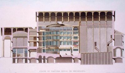 Sezione trasversale del Teatro Reale, Bruxelles, da Choix des Monuments, Edifices et Maisons les plus remarquables du Royaume des Pays-Bas di Pierre Jacques Goetghebuer, inciso dall